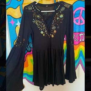 Free People floral embroidered black mini dress